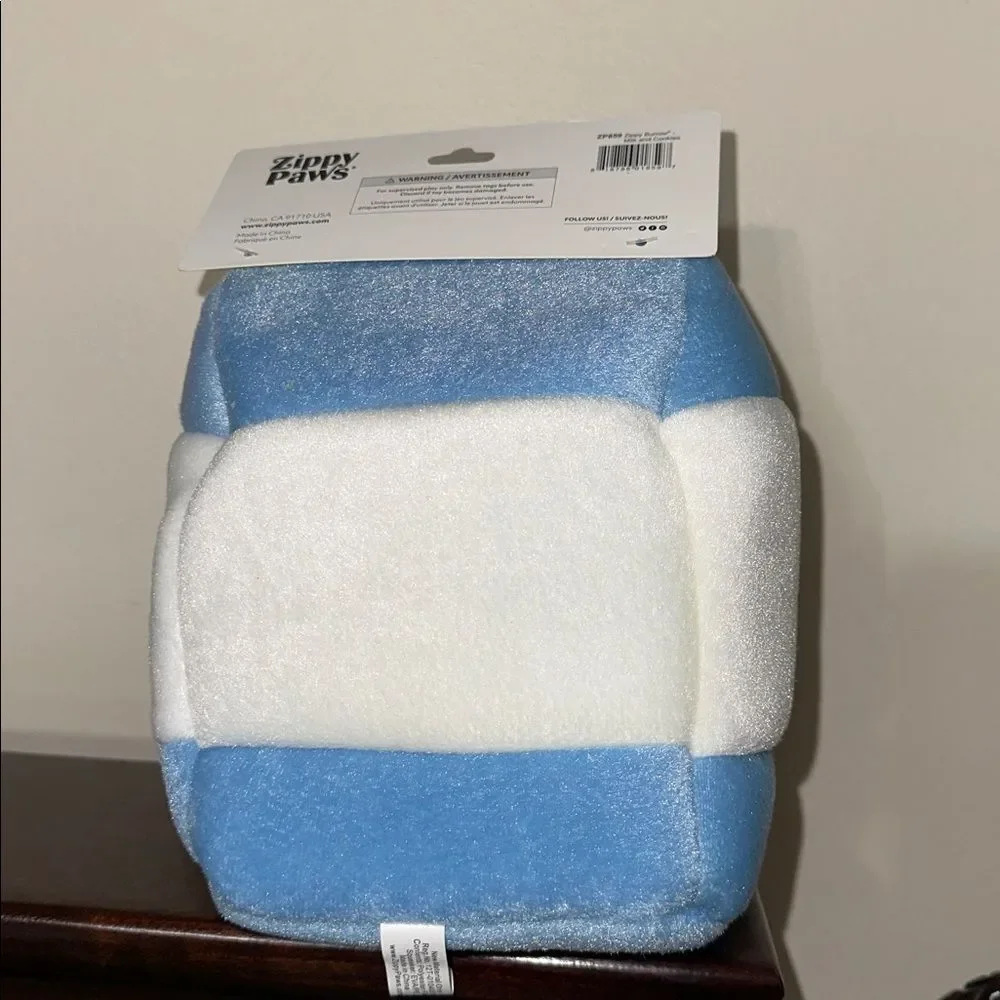 Zippy Paw Milk and Cookies Blue White Brown Interactive Puzzle Plush Dog Toy